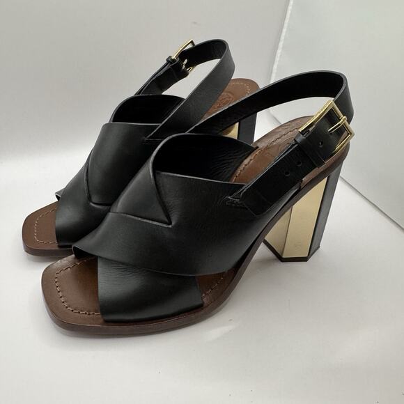 Tory Burch Bleeker Black Leather Slingback Gold Heels Sandals size 6.5 Designer - Picture 2 of 16